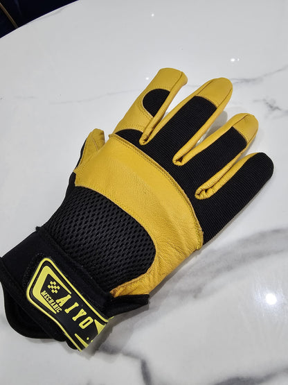 Durable and stylish Master Safety Gloves in a striking yellow and black combination, featuring Gost crust leather palms for toughness. Ideal for DIY, gardening, labor, construction, and roofing tasks, ensuring reliable hand protection during vigorous activities